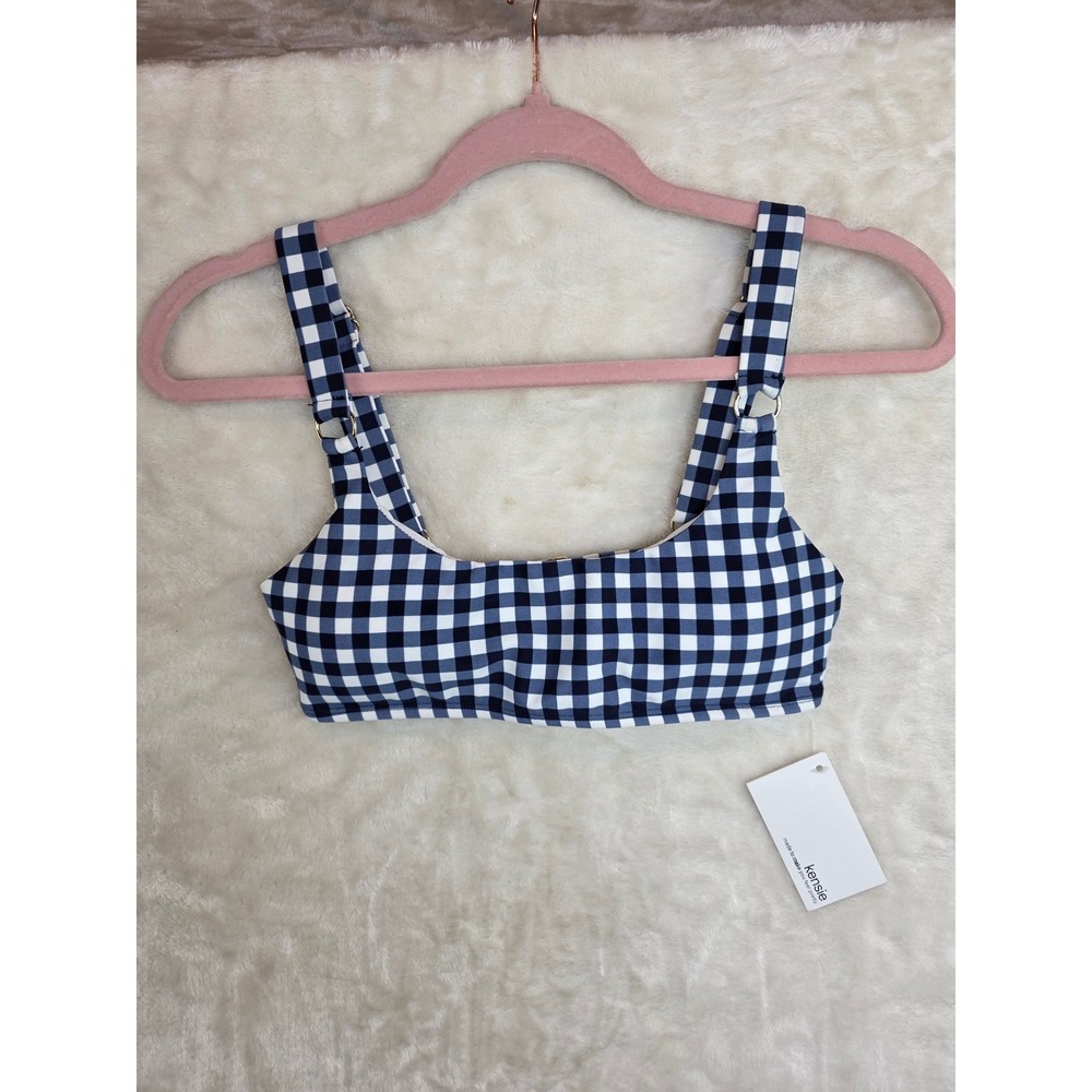 Kensie Gingham Bikini Top Navy White Checkered Scoop Neck Medium‎ NWT 04335868